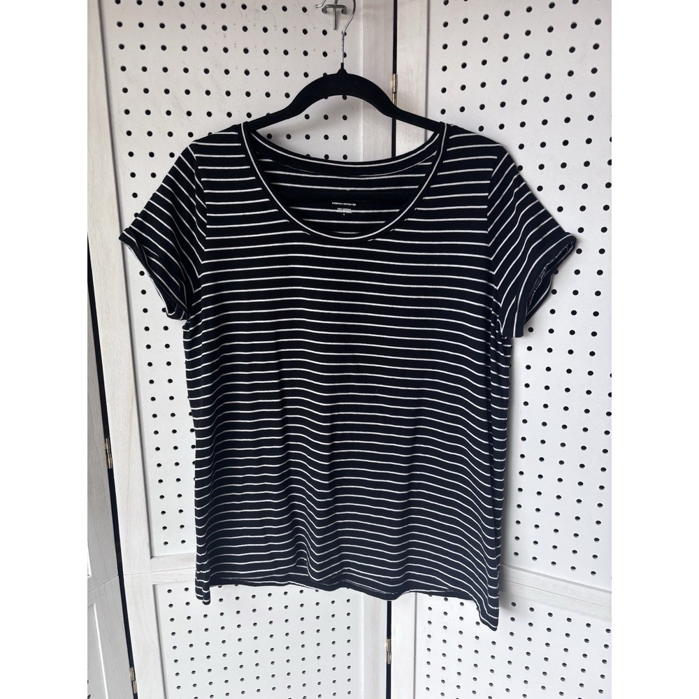 J. Jill Everyday Cotton Tee Shirt Women's S Black White Striped Roll Cuff SLV